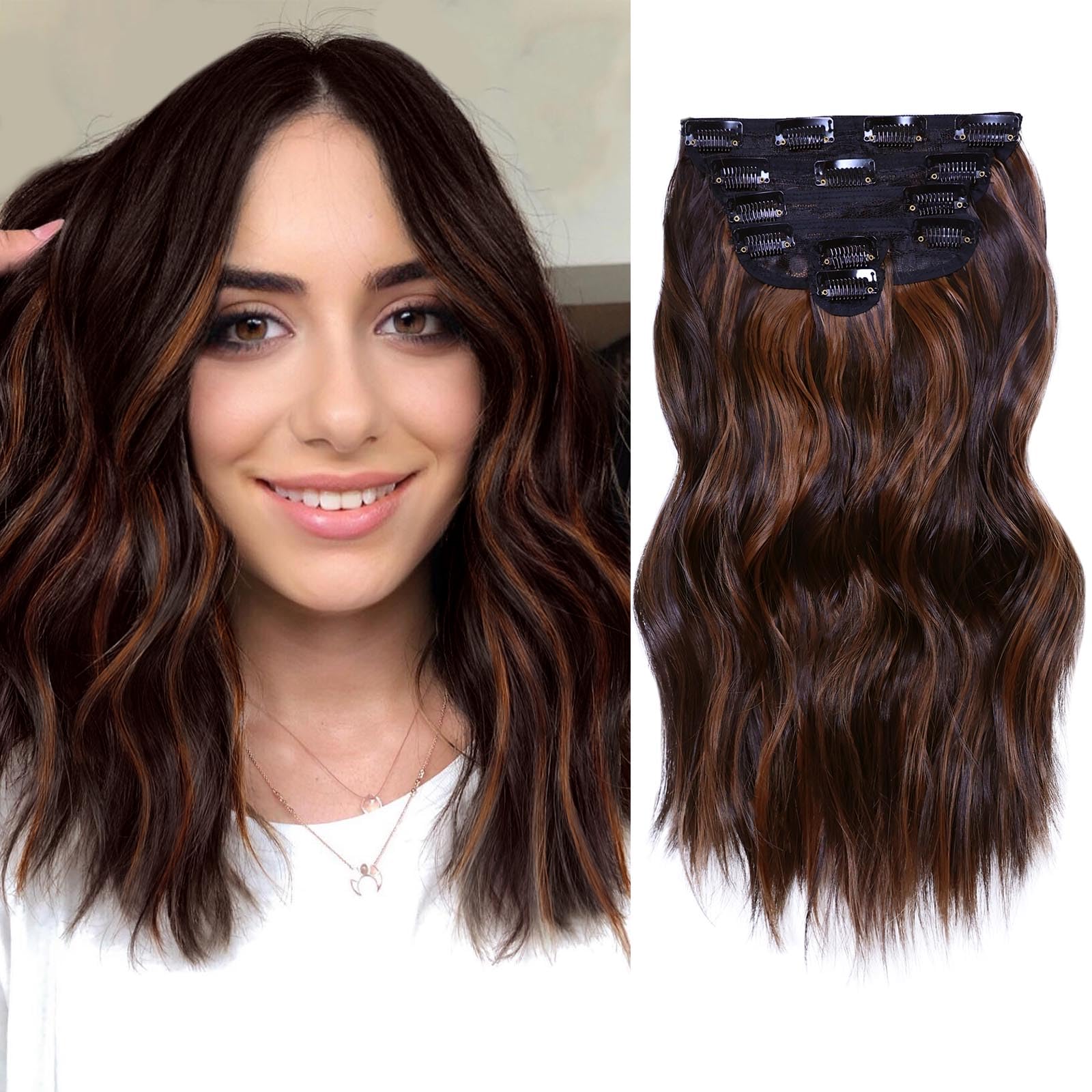 Photo 1 of NAYOO Clip in Hair Extensions for Women 14 Inch Short Wavy Curly Auburn Mix Chestnut Hairpieces Full Head Synthetic Hair Hairpieces(6PCS,Auburn Mix Chestnut)