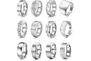 EIELO 12pcs Stainless Steel Band Rings - Silver, Modern, Wedding & Everyday Occasion - No Gemstones, Unisex, Size 7-14