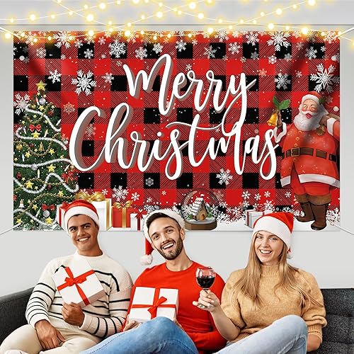 Minicoco Large Christmas Backdrop Banner, Red Fabric Xmas Background Decoration Banner for Indoor/Outdoor Use