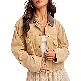 Esmeling Women Contrast Button Down Jacket Lapel Collar Long Sleeve Outwear Cropped Coat with Pocket
