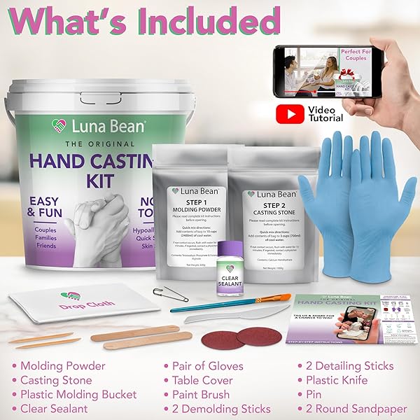 LUNA BEAN HAND CASTING KIT – THE ORIGINAL HAND MOLD KIT FOR COUPLES – GIFTS FOR DAD FATHERS DAY, BRIDAL SHOWER, WEDDING, ENGAGEMENT, GIFTS FOR HER ANNIVERSARY FOR MEN WIFE HUSBAND BOYFRIEND GIRLFRIEND