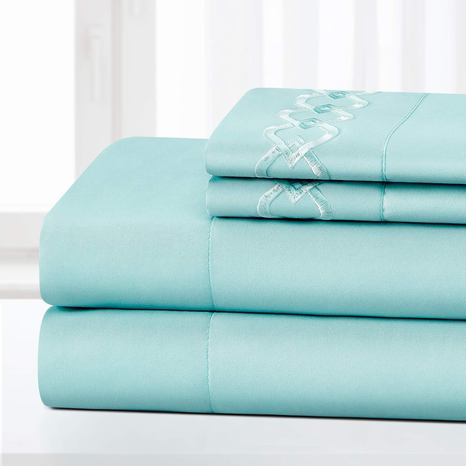 HOMEIDEAS 4 Piece Buckle Embroidered Edge Bed Sheets Set Extra Soft Brushed Microfiber 1800 Bedding Sheets Deep Pocket, Wrinkle & Fade Free (Super King, Spa Blue)