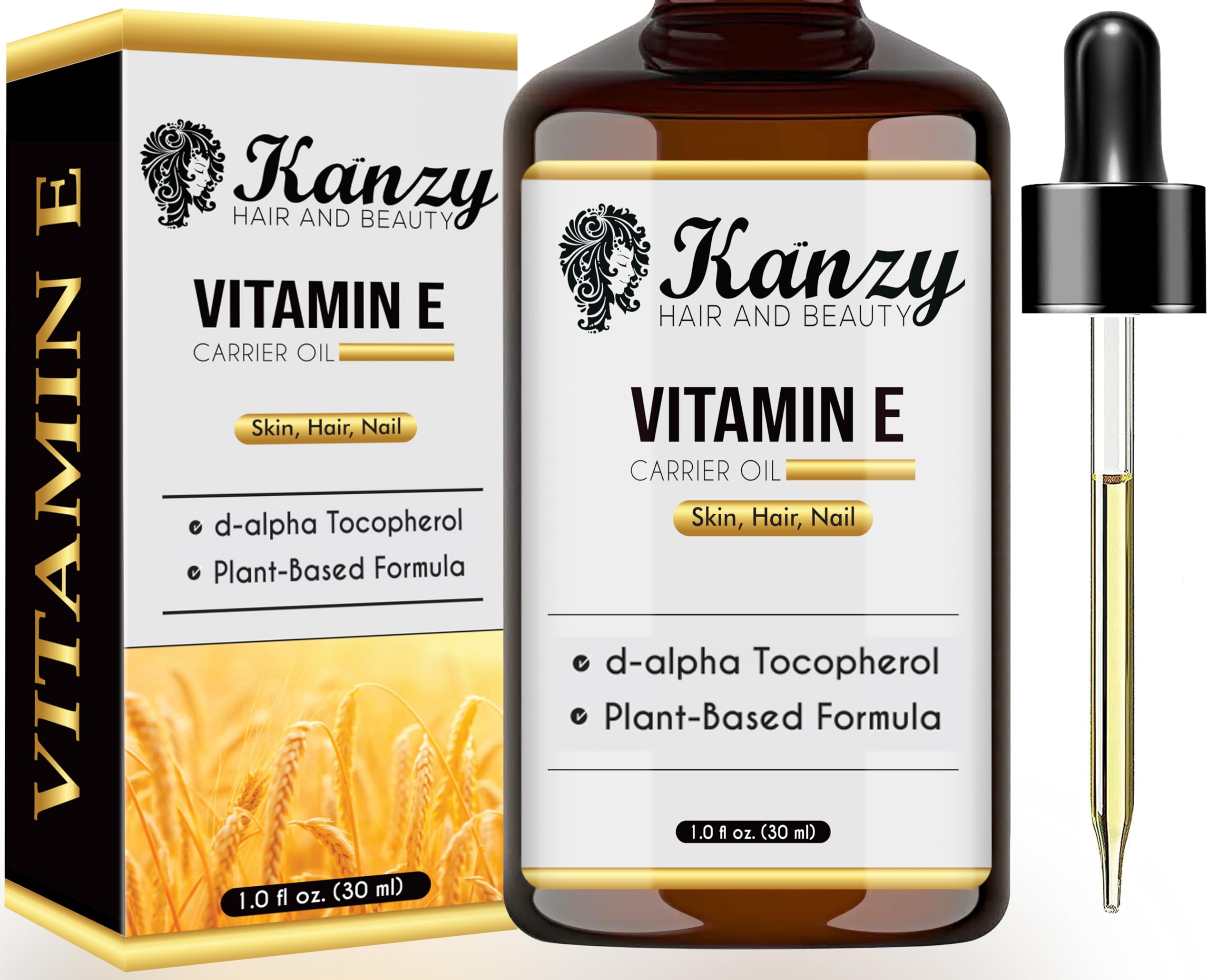 Kanzy Vitamin E Oil for Skin, Hair, Lips and Face - Naturally Sourced Multi-Purpose Plant-Based Vitamin E Oil for Hair Growth as Skincare and Haircare Product for both Men and Women (30 ml)