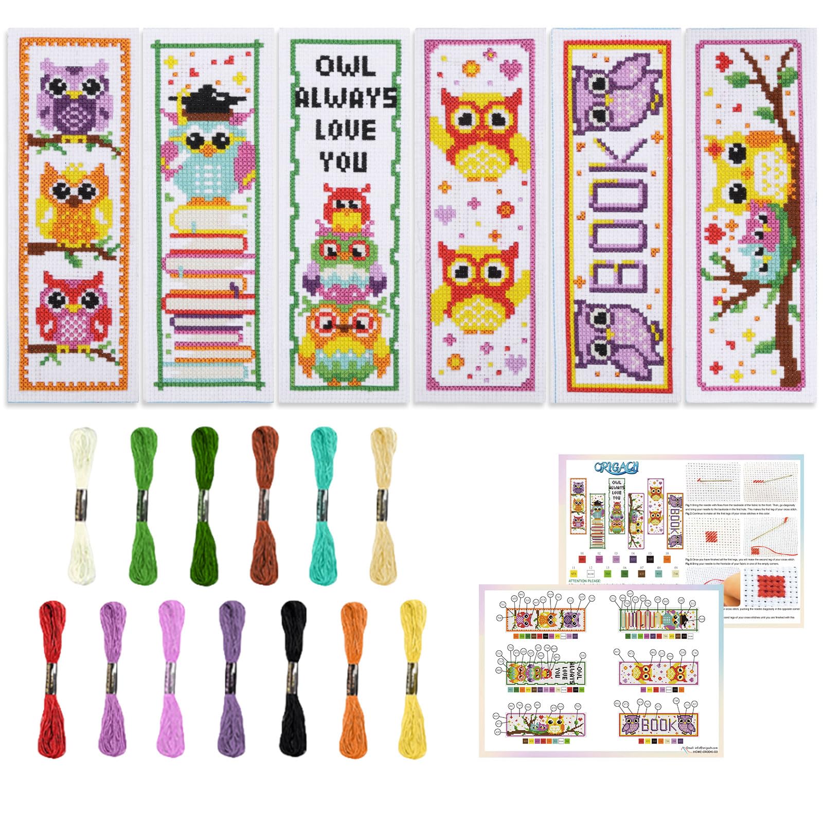 ORIGACH 6 Sets Cross Stitch Bookmark Kit for Beginner Owl Pattern DIY Stamped Embroidery Bookmark Kit with Embroidery Floss Instructions — image 1