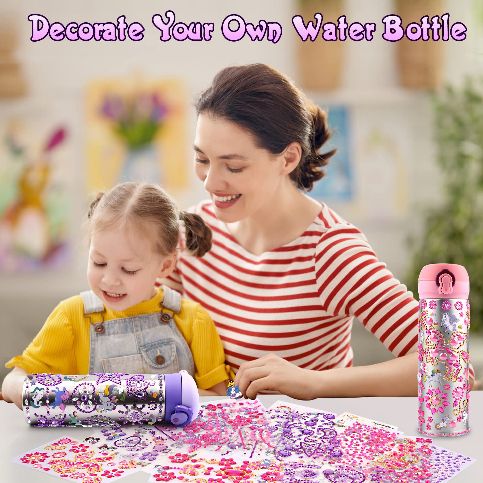 Decorate Your Own Water Bottle Kits for Girls 4 5 6 7 8 9 10 Year Old, Birthday Gifts for Kids with 18 Sheets of Glitter Gem Stickers, DIY Art & Craft for Girls Ages 4-12, School Supplies for Girls