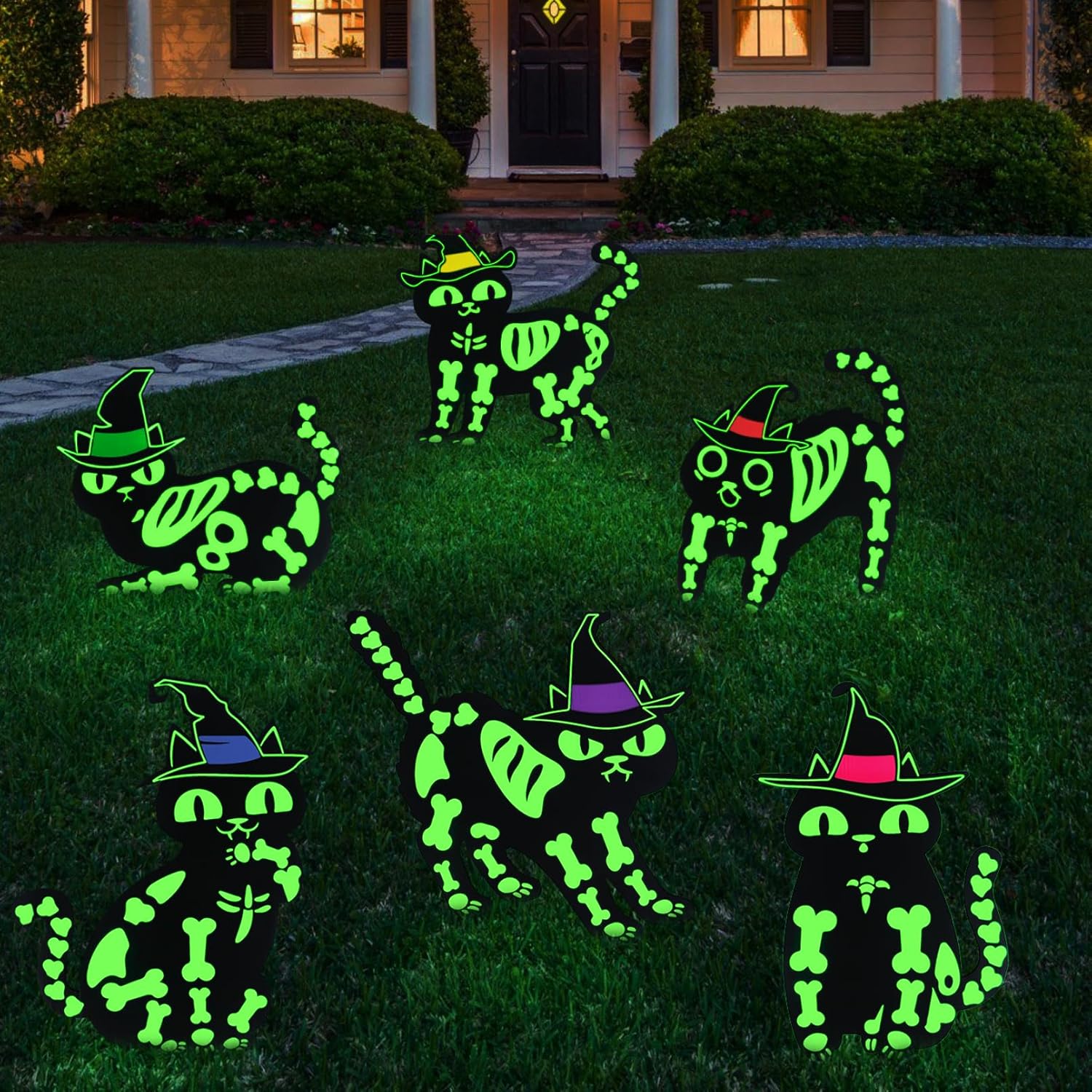 Yard Signs - Halloween Yard Stakes Decorations Outdoor, 6 Pcs Glow in The Dark Skeleton Black Cat Halloween Decor with Witch Hat, Fluorescent Day of The Dead Signs for Outside Lawn Patio Garden Graveyar Party