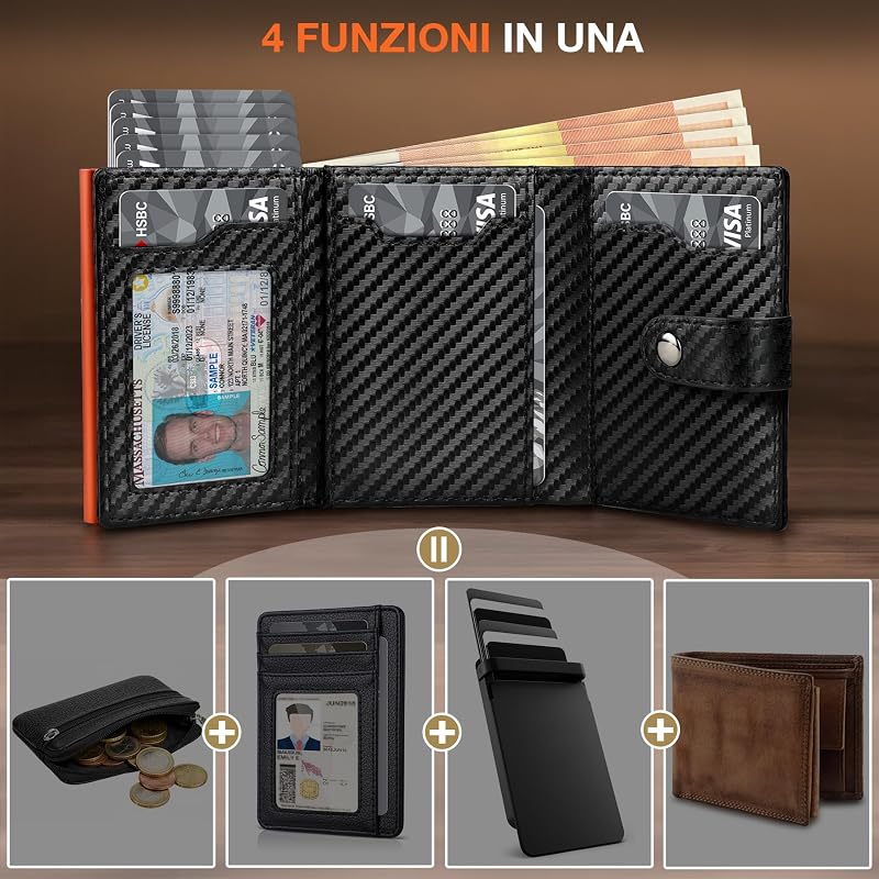Portafoglio Uomo & Donna | Porta Carte di Credito 10 carte | Porta Tessere Uomo con Portamonete e Scomparti Banconote | Portacarte Uomo con RFID Protezione Anticlonazione - Regalo per Auto