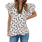 Tankaneo Womens Ruffle Sleeve Floral Blouses Summer Dressy Casual V Neck Tops Loose Fit Pleated Flowy Shirts