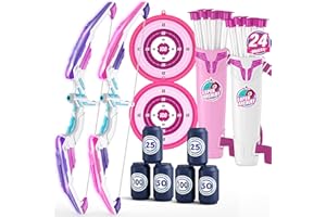 HYES 2 Pack Bow and Arrow for Kids, LED Light Up Archery Set with 24 Suction Cup Arrows, 2 Hanging Targets, 6 Score Targets & 2 Quiver, Indoor Outdoor Sport Toys for Girls Ages 4-12