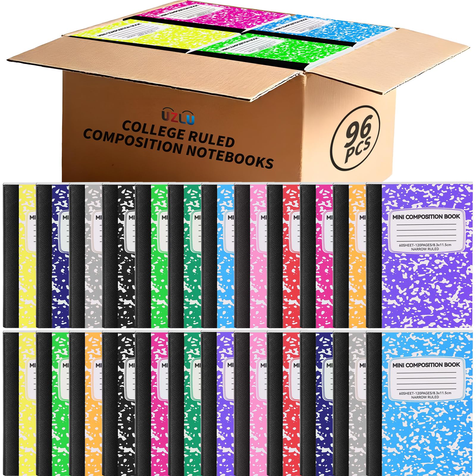Photo 1 of UZLU 96 Pack Mini Composition Notebooks Bulk College Ruled Half Composition Notebook Narrow Ruled Small Pocket Marble Journal 12 Color-4.5" x 3.25"-60 Sheets for Kids Students Office School Supplies