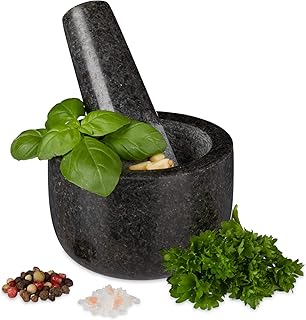 Relaxdays Granit Mörser mit Stößel, robust & langlebig, Gewürze, Kräuter, polierter Steinmörser, Ø 8,5 cm, V 100ml, grau