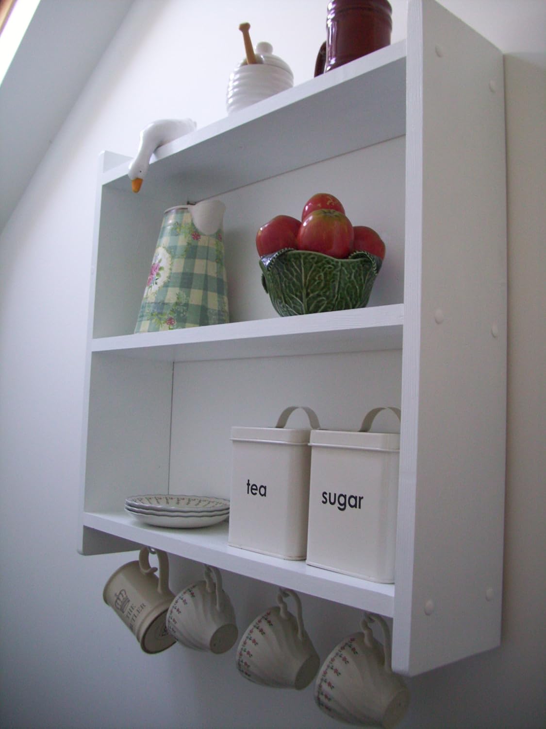 60cm Pine White Shelving Unit with Cup Hooks, Kitchen Shelves, Bedroom
