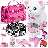 Golray Cat Toys for Kids Girls Gift, Electronic Interactive Plush Toy Cat Can Walk and Meow - 16 Pcs Carrier & Pet Groom Feed Care Pretend Play Set, Birthday Gift for Toddler Little Girl 3 4 5 6 7 8 9