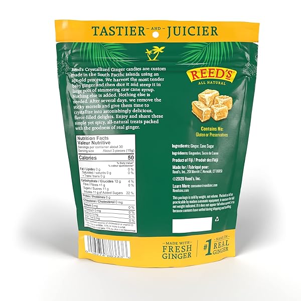 REED’S ALL NATURAL CRYSTALLIZED GINGER NUGGETS IN A 16 OZ RESEALABLE BAG – BABY GINGER ROOT FRUIT SLICES SWEETENED WITH RAW CANE SUGAR CRYSTALS – HIGH ENERGY GINGER CANDIES FOR SNACKING – 12 PACK