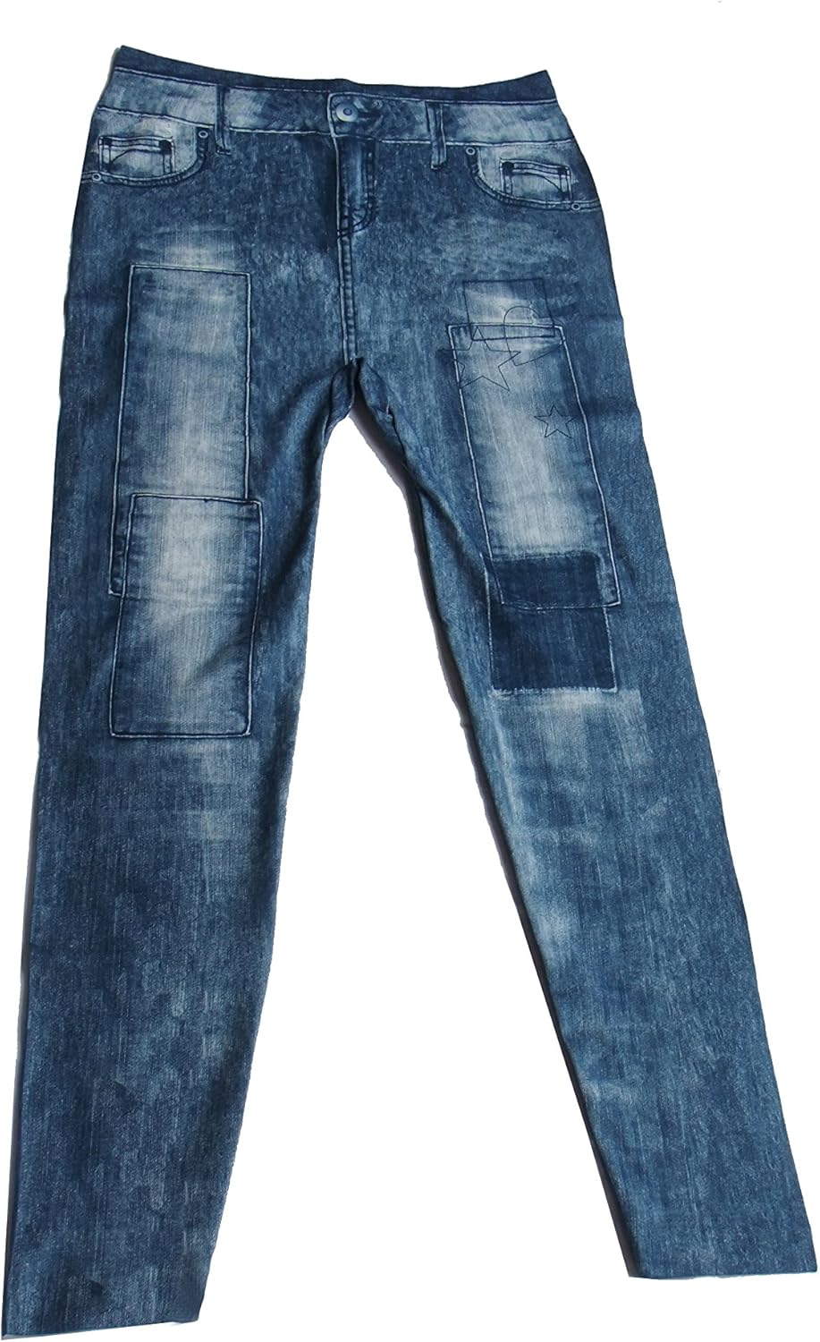 Women's Big Patch Denim Print Fake Jeans Leggings Black Blue(blue) Applique Patches