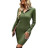 VintageClothing Womens Sweater Dress Long Sleeve Bodycon Casual Fall Dress V Neck Ribbed Knit Short Dresses