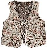 GORGLITTER Women's Plus Size Embroidered Floral Boho Vest Tops Bow Tie Front V Neck Vintage Country Concert Outfits