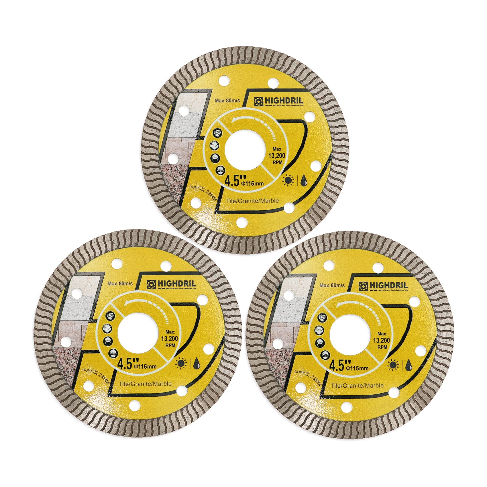 HIGHDRIL Diamond Saw Blade - 3Pcs 115MM Diamond Tile Blade with 22.23MM Arbor, Dry or Wet Cutting Disc for Porcelain Tile Ceramic Granite Marble Hard Material Masonry