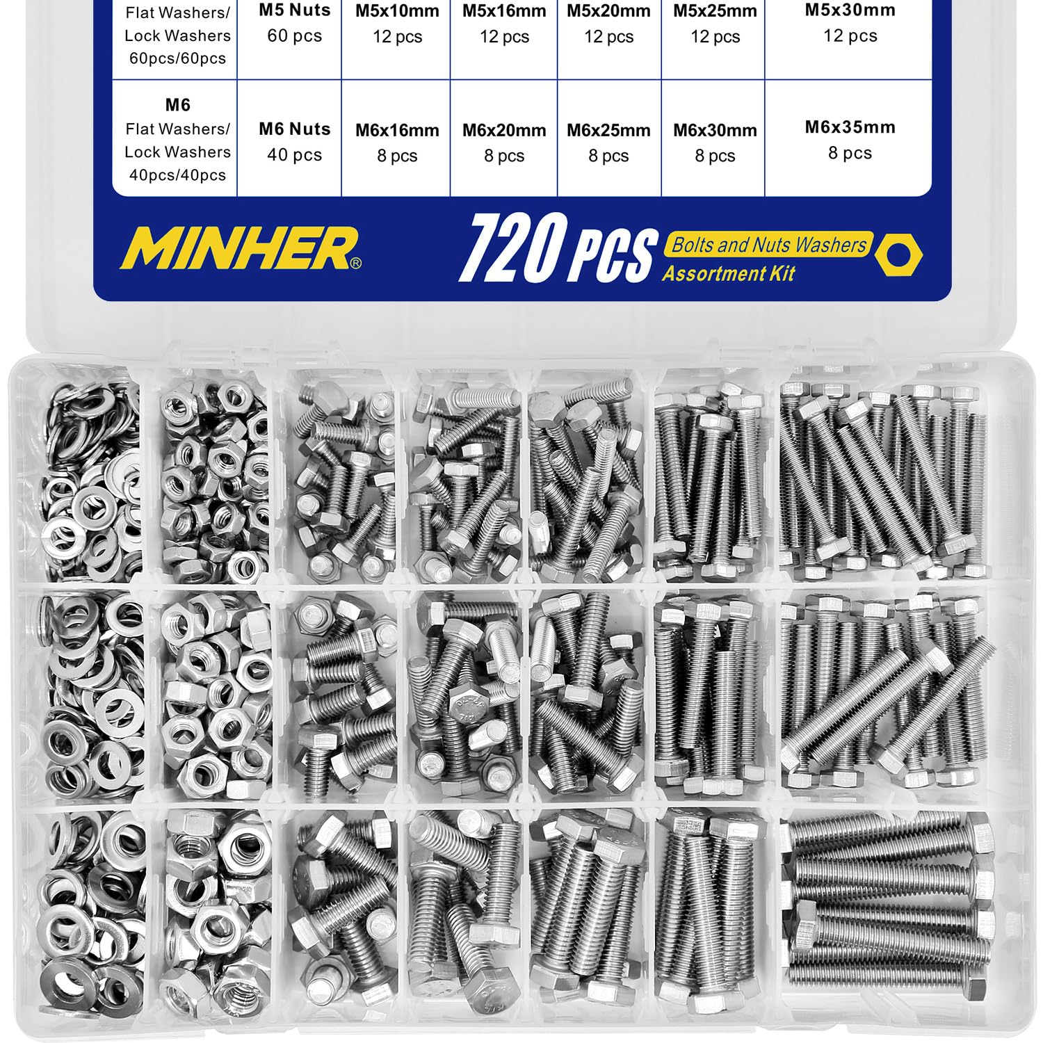 MINHER 720PCS M4 M5 M6 Bolts and Nuts Assortment Kit 304 Stainless Steel(18-8) Hex Screws Nuts & Washers, Includes 15 regular sizes