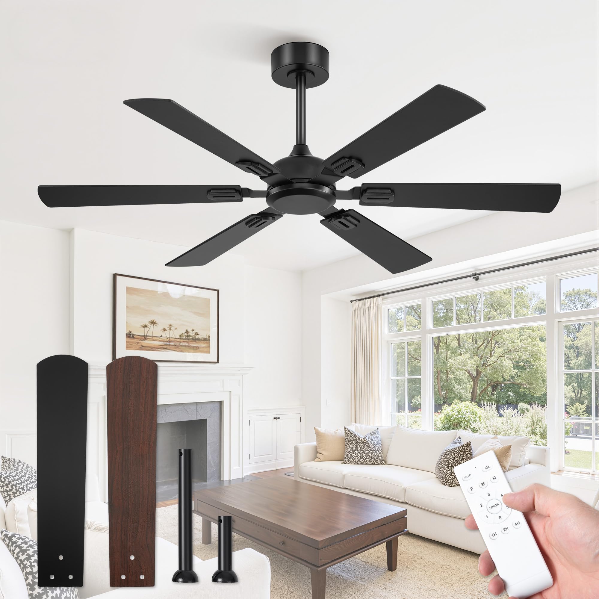 Photo 1 of Fanbulous 52 Inch Ceiling Fans No Light with Remote, Modern Ceiling Fan Without Light, Dual Finish 6 Blades, Reversible Quiet DC Motor, 6 Speed, Large Ceiling Fan for Indoor or Covered Outdoor, Black