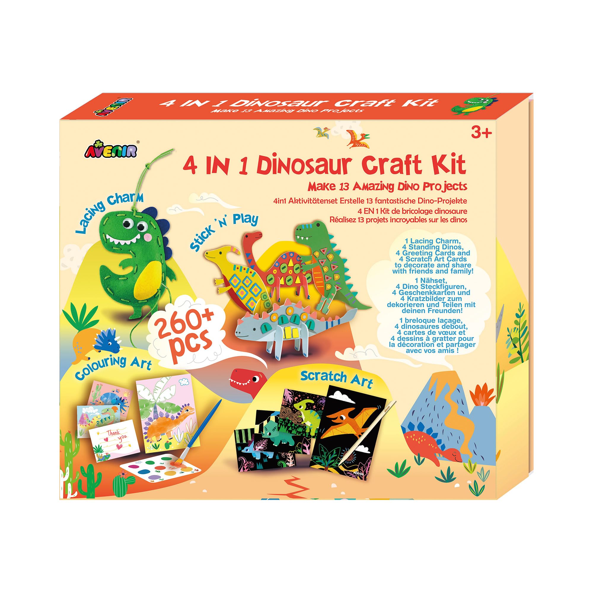 Avenir | 4 in 1 Dinosaur Craft Kit | Includes Lacing, Scratch Art, Stick 'n' Play & Colouring | Fun DIY Creative Activity for Children Ages 3+