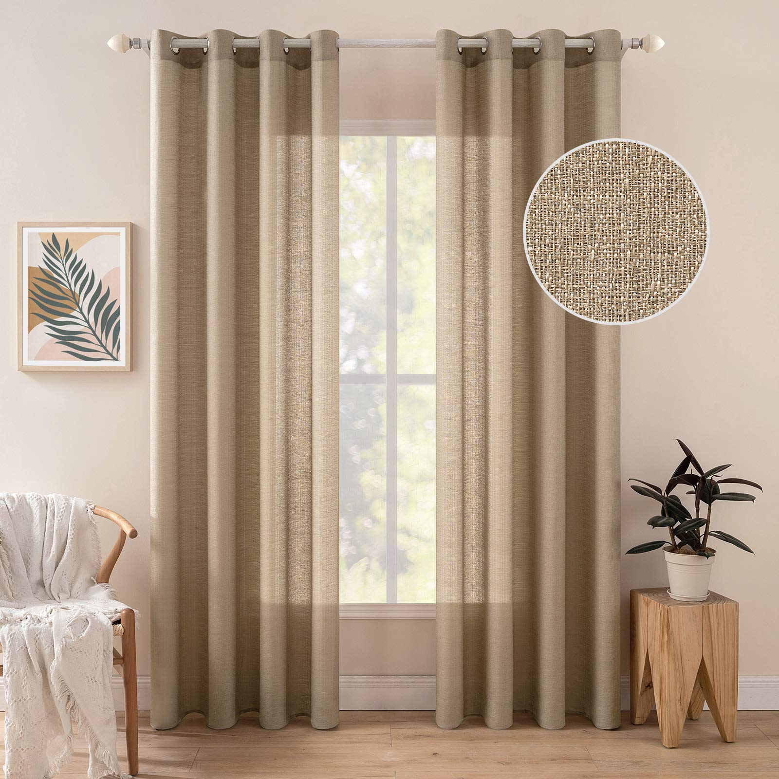 MIULEE 2 Panels Voile Sheer Curtains Cross Linen-like Solid Color Contemporary Decorative Ring Top Eyelet Panels for Bedroom Livingroom Nursery Room Brown 55" Wx88 L