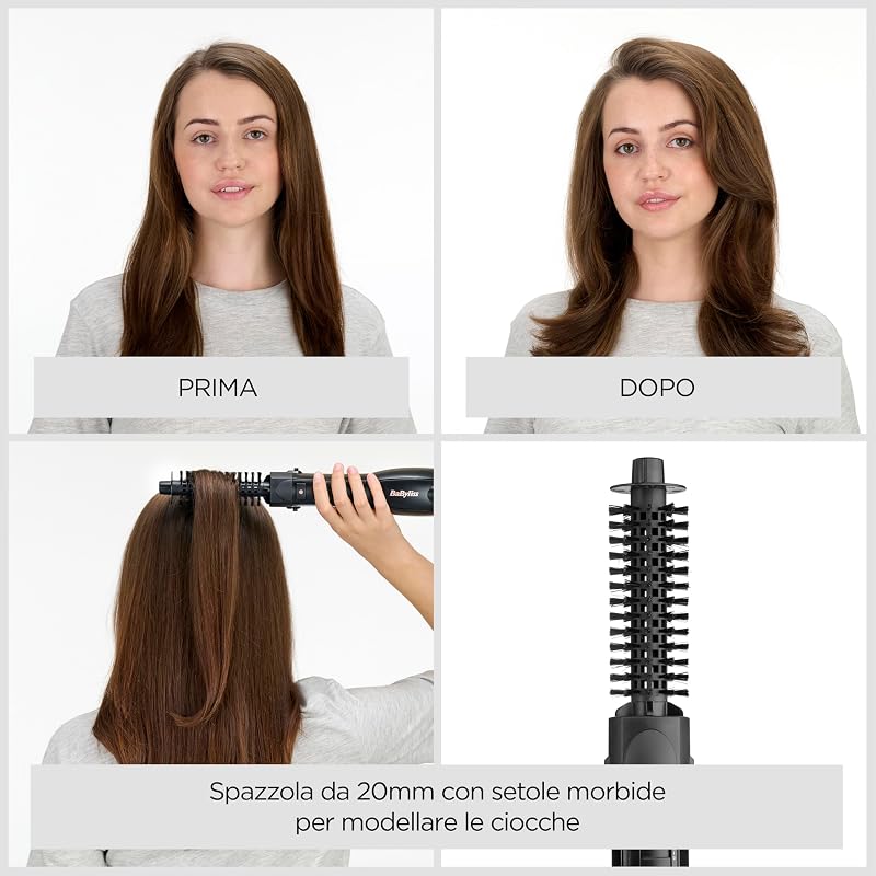 Smooth Finish 1200 – Spazzola ad Aria Calda 4-in-1 per Asciugare, Lisciare, Modellare e Dare Volume, Tecnologia Ionica & Ceramica, 4 Accessori, 1200W, Nero/Rosa, AS122E