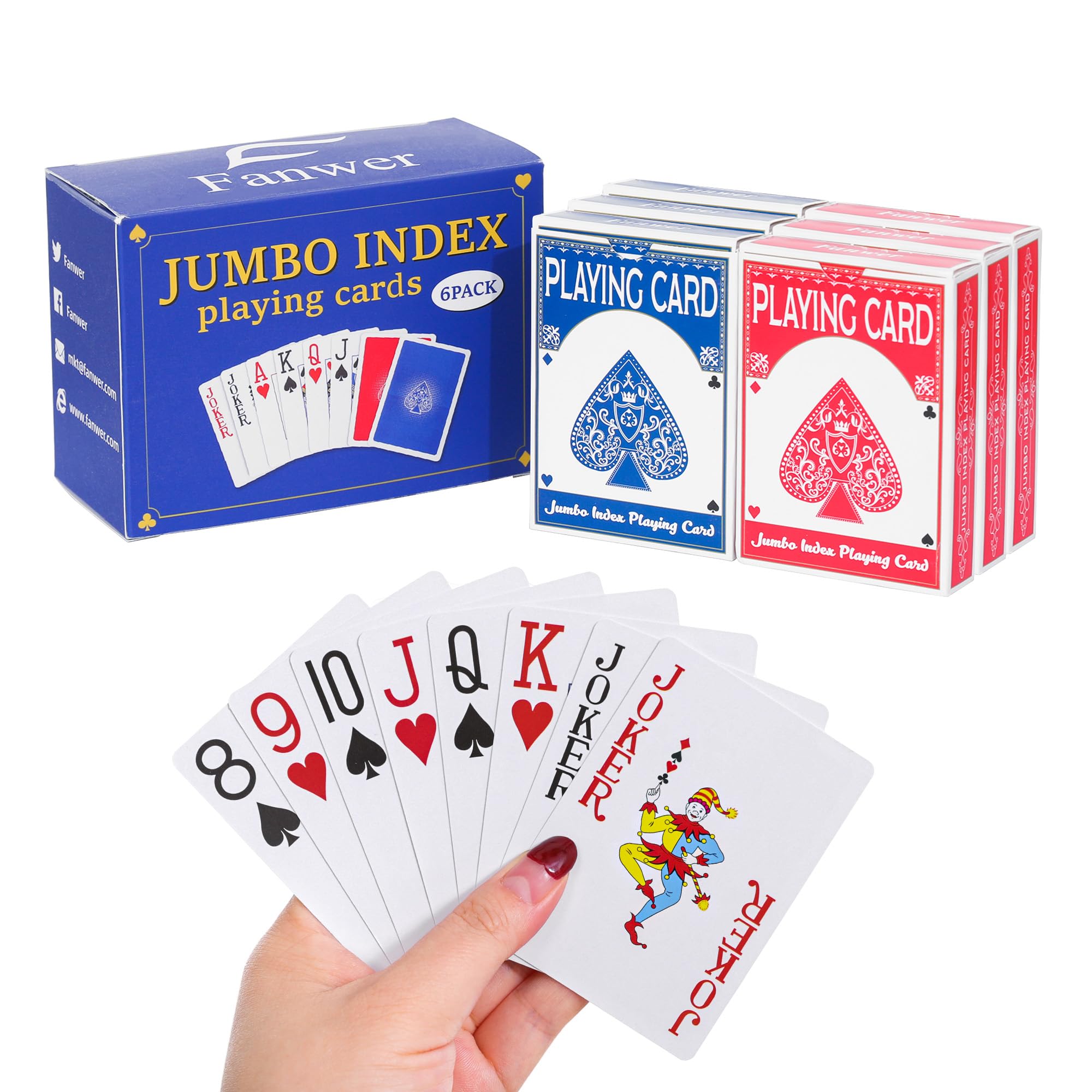 Photo 1 of Fanwer Large Print Playing Cards 6 Pack, Deck of Cards for Seniors, Vision Impaired, Low Vision Crowd, Poker Playing Cards for Blackjack, Euchre, Canasta Cards Game, Jumbo Index