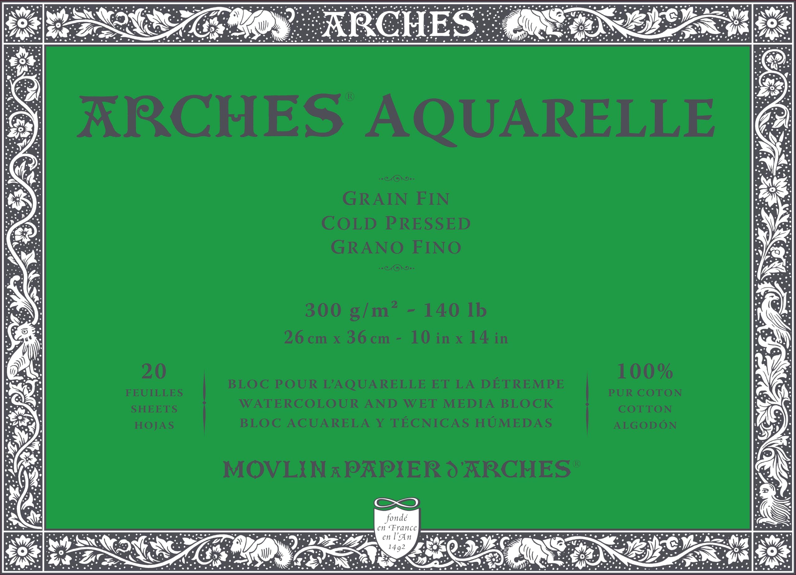 ARCHES Aquarelle Pad 20 Sheets 26 x 36 Glued on 4 Sides 300 g/m² Fine Grain, Natural White, 4 Free Edges