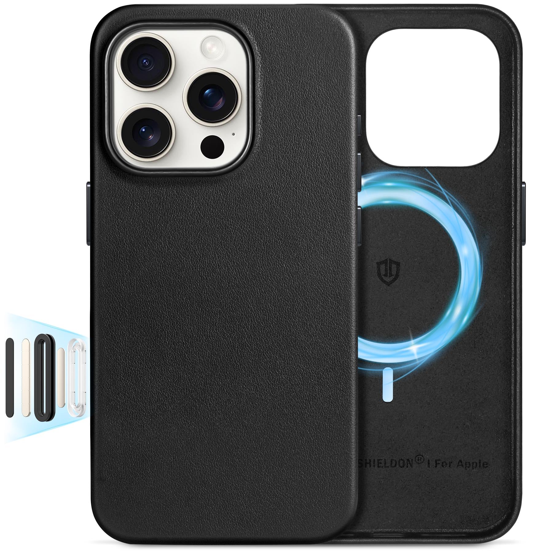 SHIELDON Case for iPhone 16 Pro 6.3", Genuine Leather Slim Shockproof Phone Case[Non-Slip][Anti-Scratch][Metal Button] Magnetic Wireless Charging Protective Cover Compatible with iPhone 16 Pro - Black