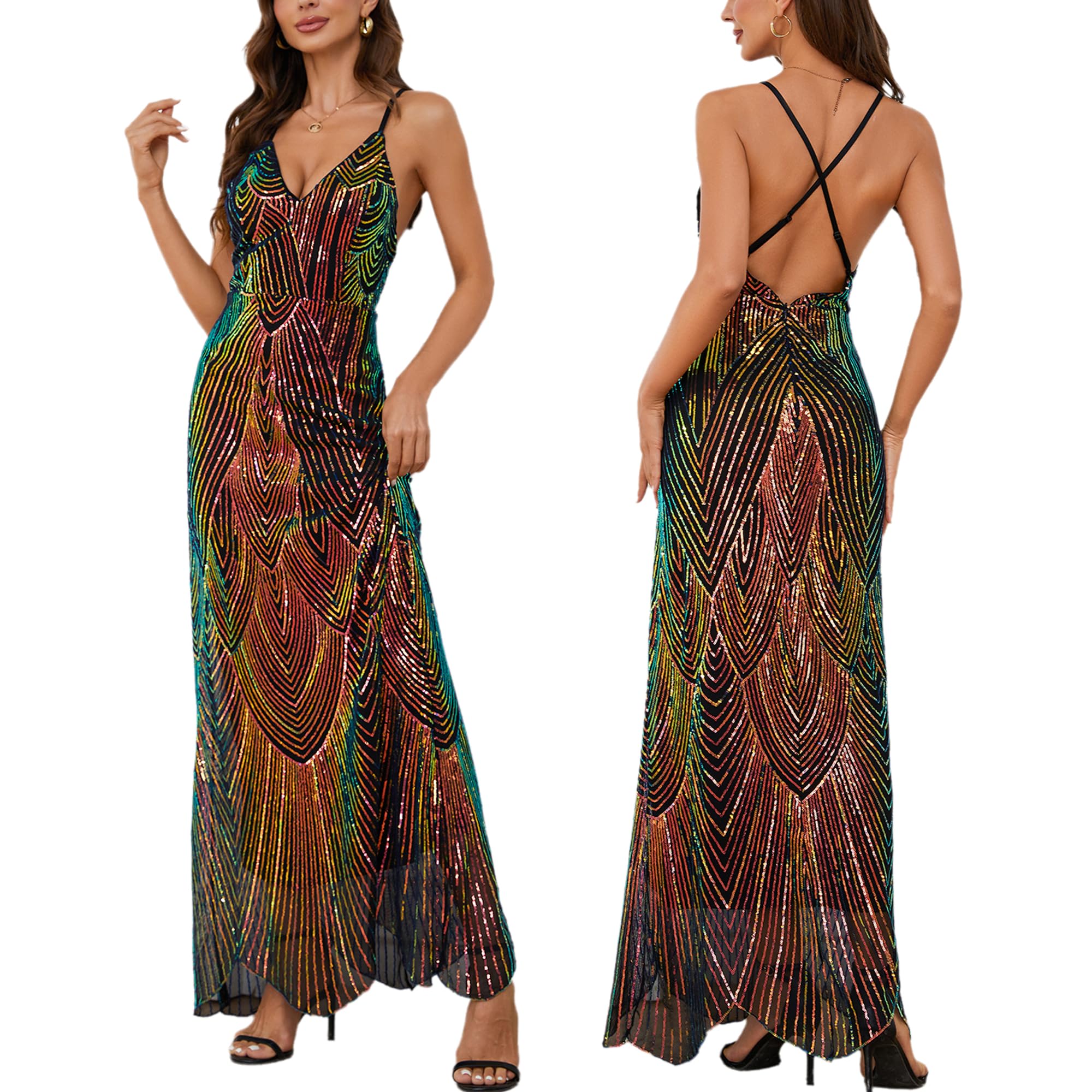 Women's V Neck Spaghetti Straps Sequin Sparkly