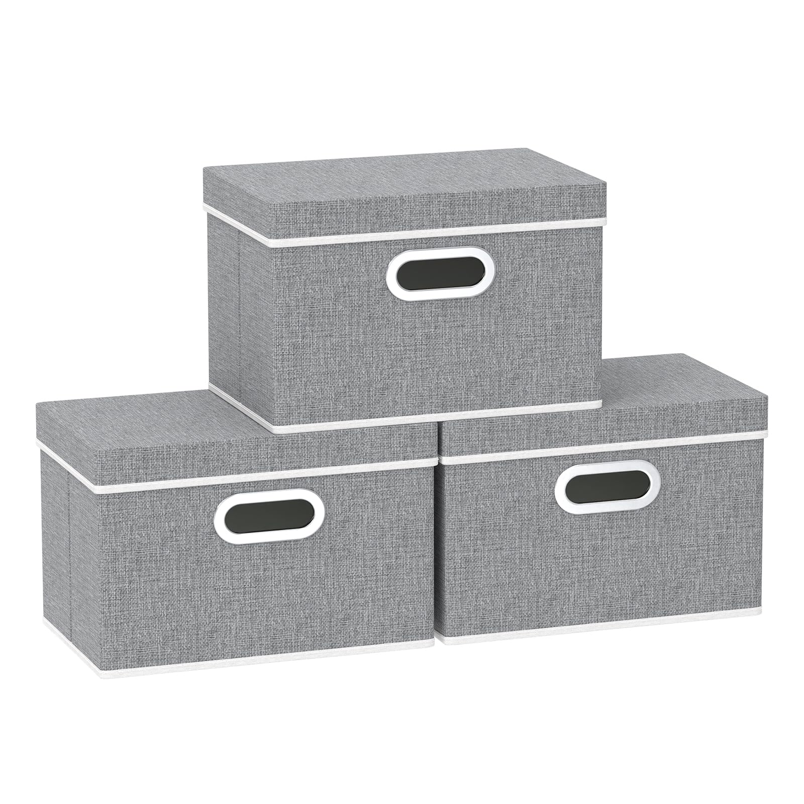 Yawinhe Collapsible Storage Box 3 Pack, Fabric Clothing Shelf Basket with Lid, for Organizing Home, 38x25x25cm, Grey, SNK023GL-3