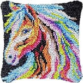 Animal Colorful Horse Latch Hook Kits Pillow Cover Printed Canvas DIY Cushion Crochet Yarn Needlework Hook Latch Kit Embroidery Pillowcase Rug Home Sofa Christmas Decoration 43x43cm(2)