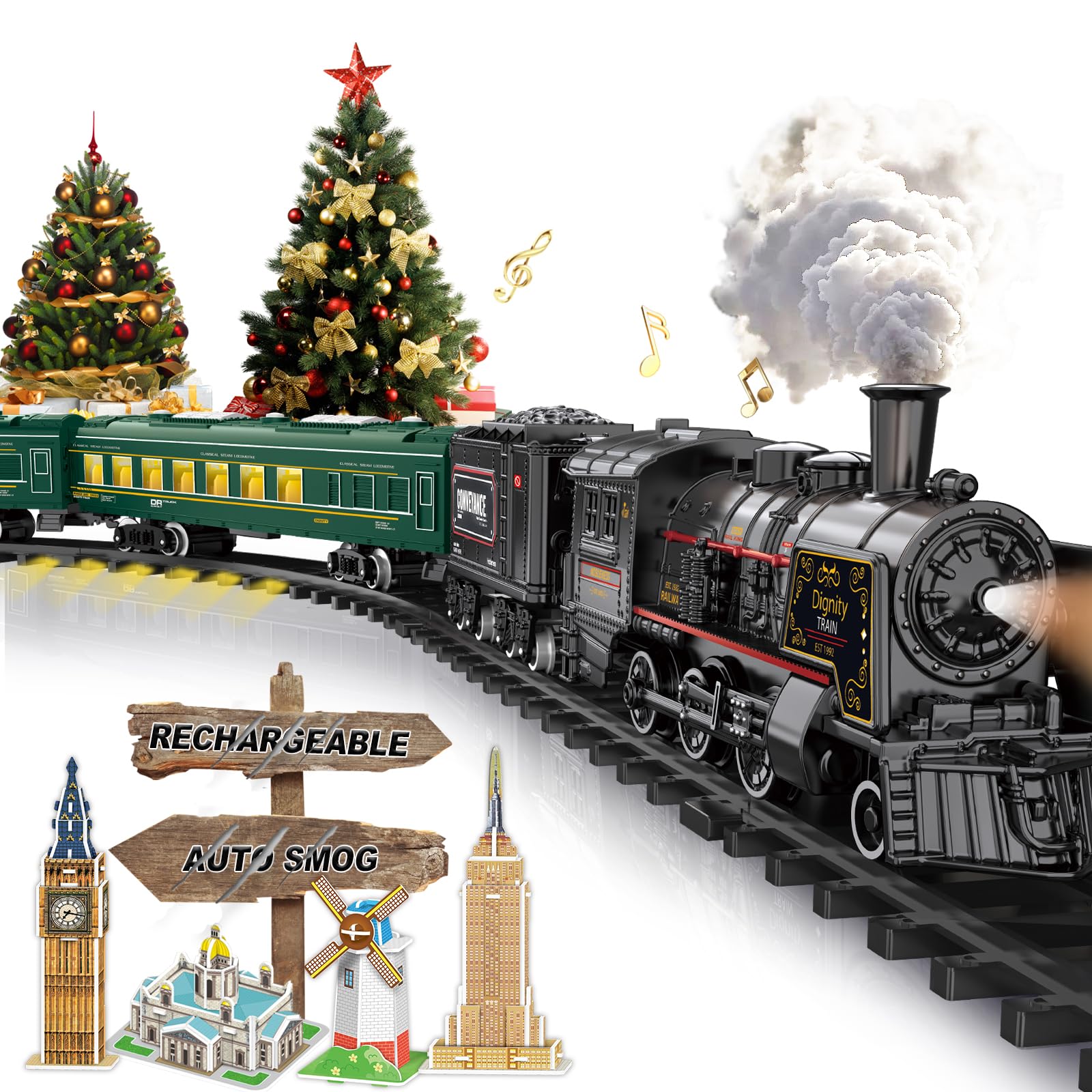 Electric Train Sets for Boys Girls Metal Alloy Christmas Toys Steam Locomotive, Passenger Carriages, Tracks, Light & Sounds Rechargeable Birthday Gifts for Kids 3 4 5 6 7 8 + Years Old Green…