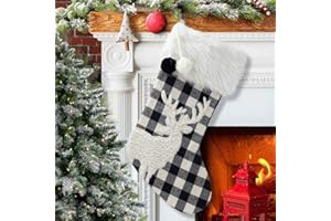 EDLDECCO 20 Inches Christmas Stocking Buffalo Check with Pom Pom Faux Fur Cuff Deer Applique Black and White Plaid Home Xmas Tree Mantel Holiday Decoration Ornaments