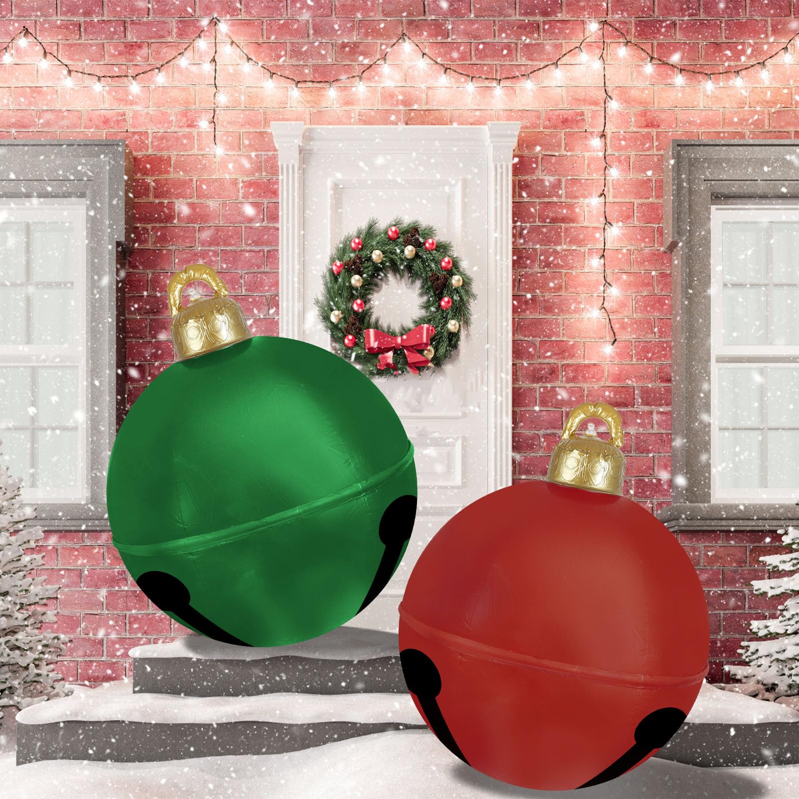 Photo 1 of 2 Pcs Giant Inflatable Christmas Balls?24IN PVC Jingle Bell Large Outdoor Indoor Christmas Ornaments,Oversized Blow Up Balls for Garden Yard Patio Decorations (24" Red&Green, 2)