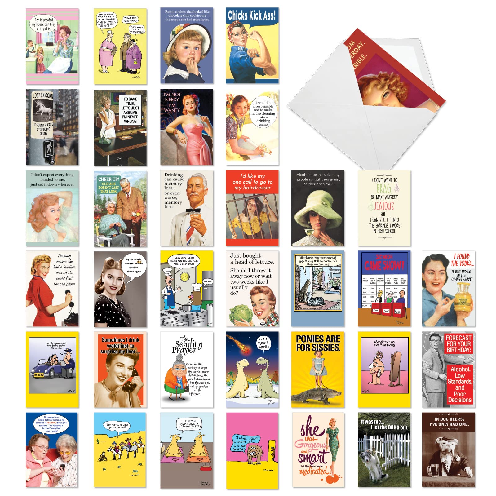 NobleWorks - 36 Assorted Funny Blank Cards Box Set with Envelopes, Mixed Humor Bulk Variety Pack - Just Because, Friendship for Men, Women (36 Designs, 1 Each) - Blank Expressions AC9153OCB-B1x36