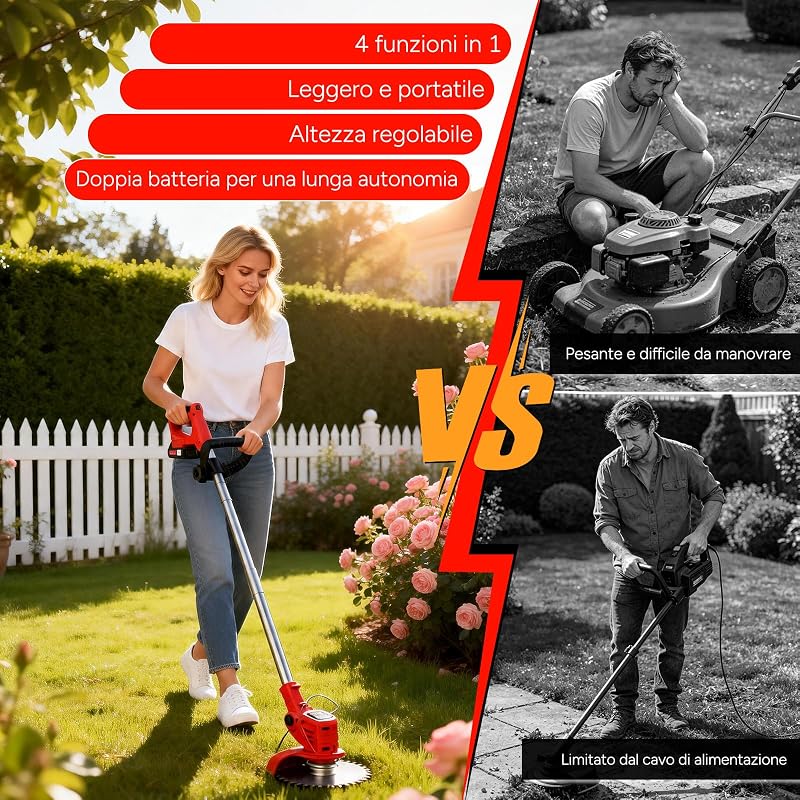 Decespugliatore a Batteria, Tagliaerba Elettrico a Batteria da 800 W, Taglia Erba da Giardino Elettrico con 4 Tipi di Lame,pieghevole
