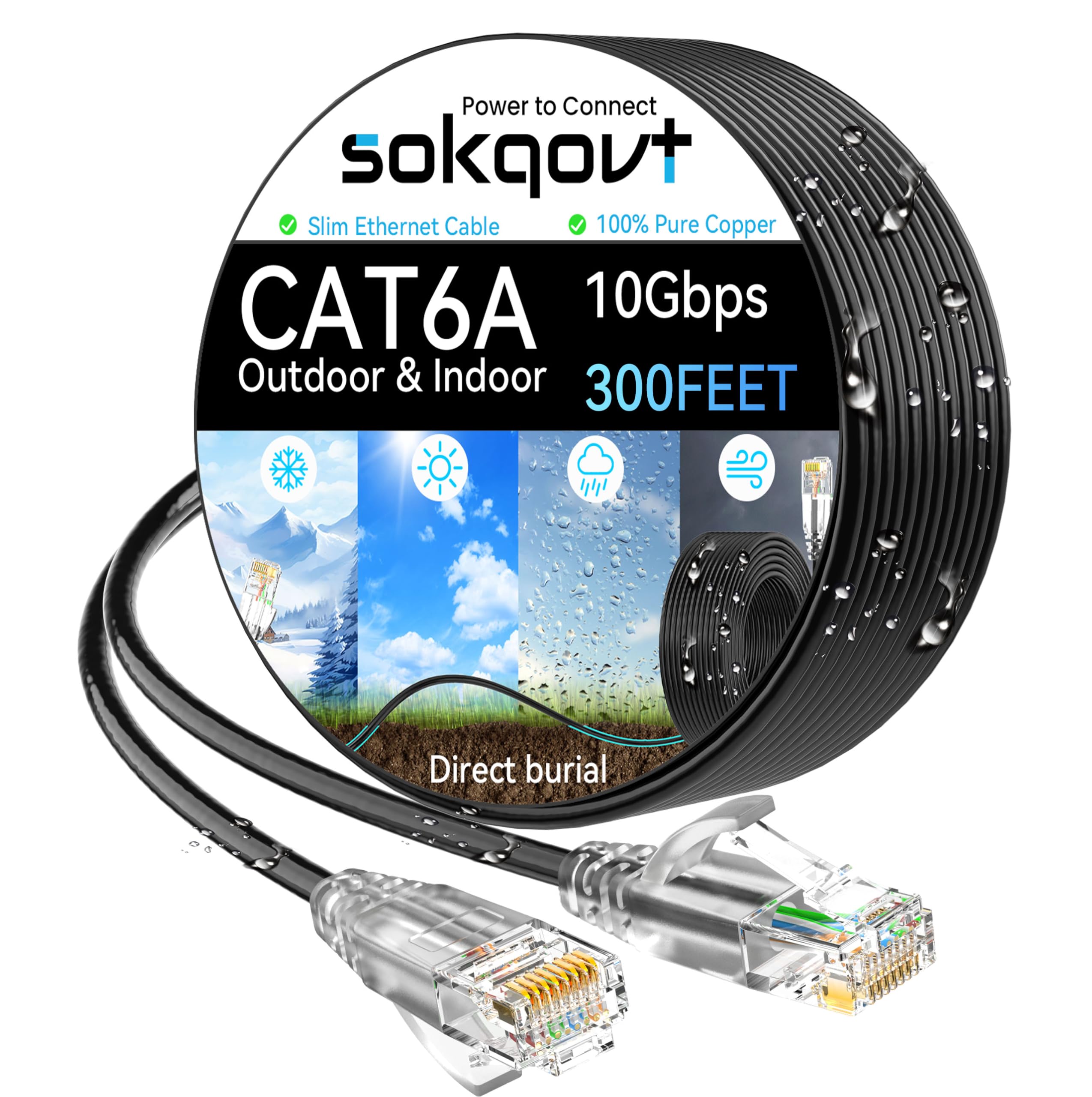 Photo 1 of Cat6a Ethernet Cable Slim 300ft Outdoor&Indoor, 28AWG Pure Copper Cat6 Internet Cable for Waterproof & Direct Burial, Flexible Cat6 Ethernet Cable 10G 550MHZ, Cat 6 Network cable for Indoor Black