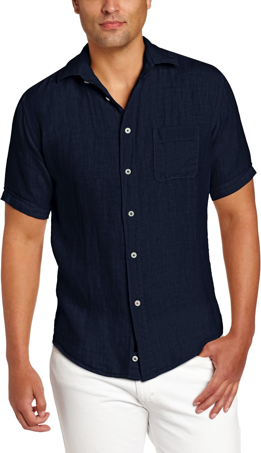 Benson Men's Linen Solid Short Sleeve Woven Shirt, Navy, Small at
