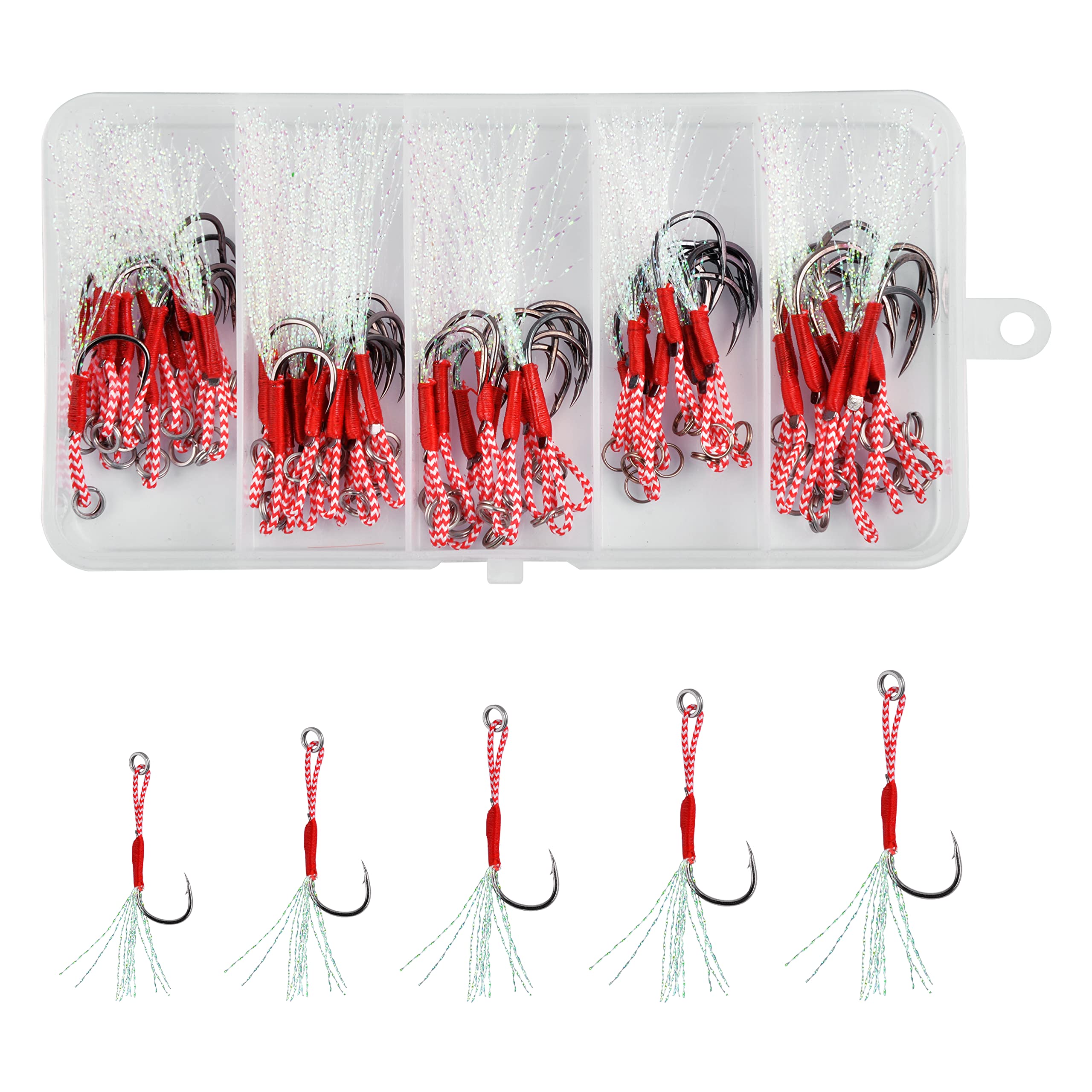 60pcs Assist Jig Fishing Hooks Kit Saltwater Jig Hooks Strong Line Assist Hook Carbon Steel Circle Hooks Fishing Jigging Lures Hooks (60pcs Assist Hook White Tinsel)