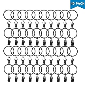 Datttcc 40 Pack Metal Curtain Rings with Clips Black Decorative Drapery Rustproof Vintage 1.26 Inch Interior Diameter