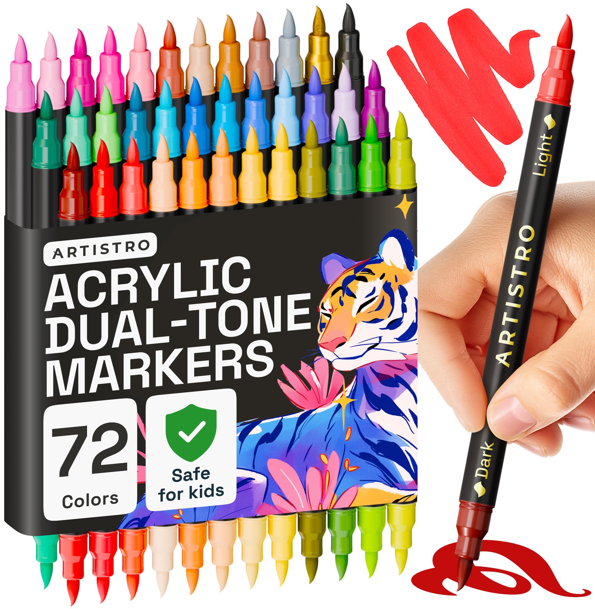 ARTISTRO Paint Markers - Acrylic Pens for Rock, Glass, Fabric, DIY - Art Supplies - 36 Dual Brush Tip Markers