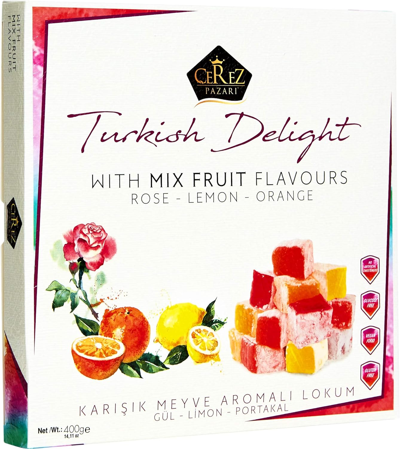 Cerez Pazari Turkish Delight with Rose, Orange and Lemon Mix Flavors (No Nuts) - Gluten Free, Glucose Free, Vegan Luxury Lokum Candy Dessert Gourmet Medium Box - Approx.40 Pcs - 14 Oz : Grocery & Gourmet Food