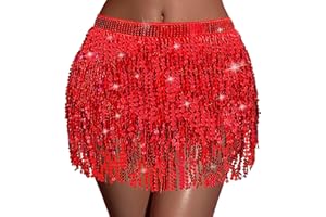 BLESKY Sequin Skirt Boho Sequin Tassel Hip Scarf Sparkly Skirts Belly Dance Skirt Glitter Skirt Rave Sparkle Skirt for Women Girls