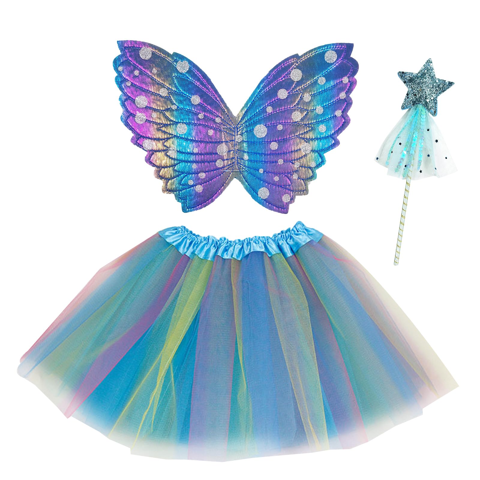 Butterfly Wings Costume, Blue Tutu Dress with Magic Star Wand Butterfly Fairy Wings Butterfly Dress Costume Princess Fairy Dress Up for Cosplay Halloween Dancing Blue (11.8L x 37.4W inches)