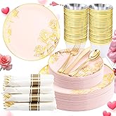 DaYammi 210Pcs Pink Gold Plastic Plates Floral Plates,Pink Disposable Dinnerware Set Includes 60 pink Plate,30 gold Plastic Silverware,30 Per Rolled Napkins,30 Cups,Party plates for Mother's Day Party