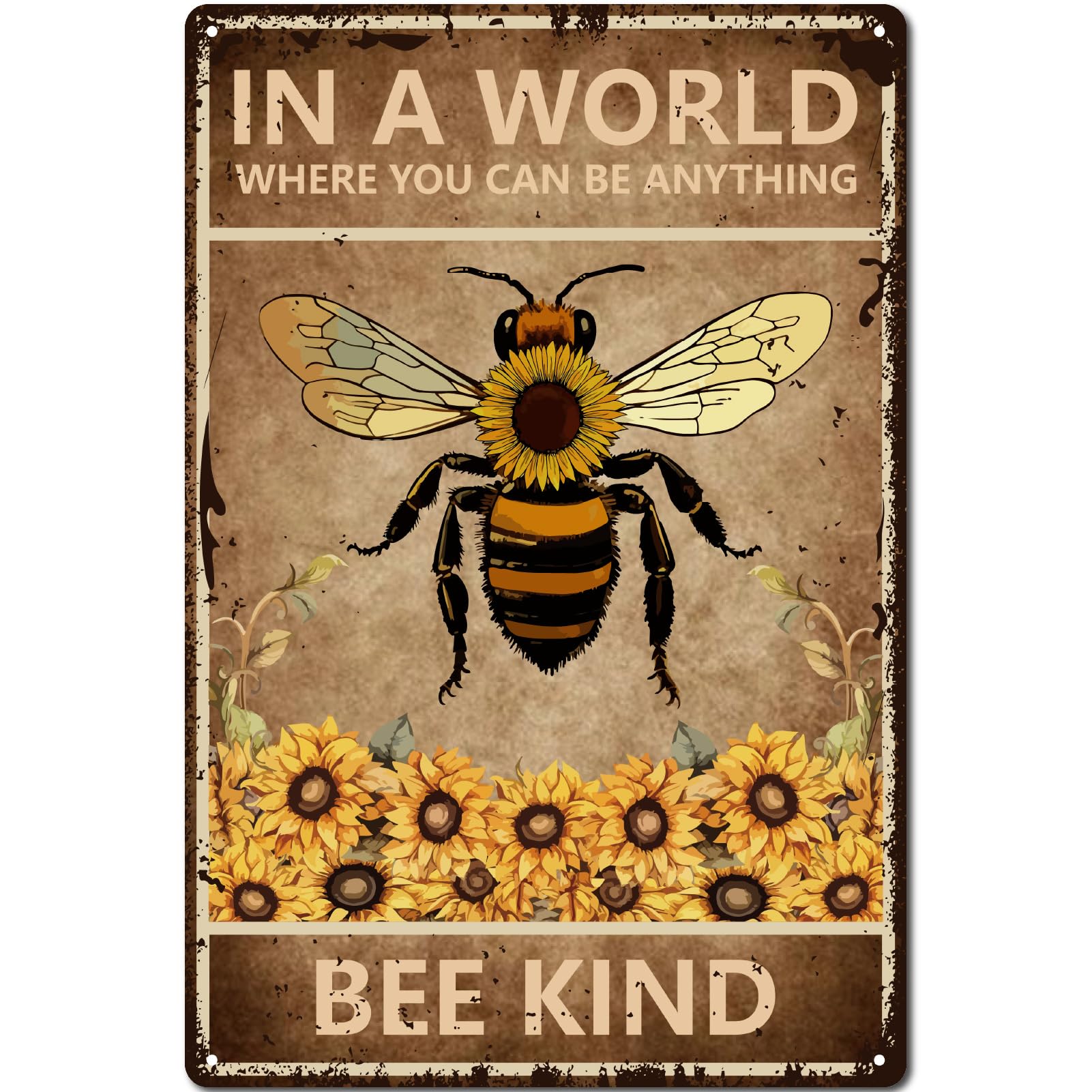 CREATCABIN Bee Metal Tin Sign Garden Metal Poster Inspirational Quotes Bee Kind Vintage Plaques Gallery Wall Signs Retro Poster Hanging Decoration for Home Office Garden Indoor Outdoor 12x8 Inch