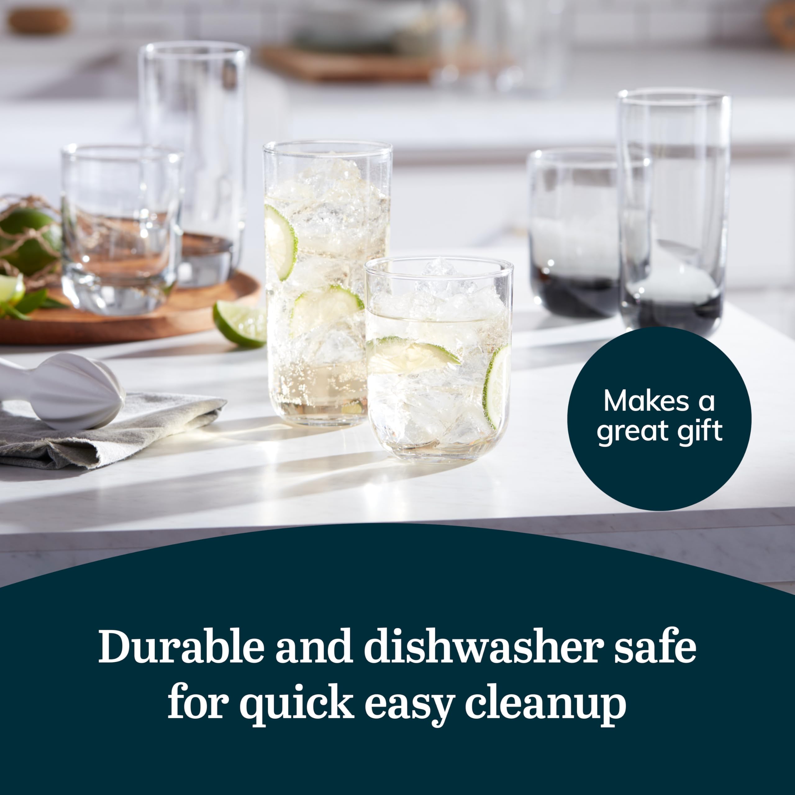 Libbey Polaris Tumbler and Rocks Glass Set, Elegant Drinkware Glasses Set, Lead-Free Tall Drinking Glasses with Modern Clean Lines, Dishwasher Safe Drinking Glasses Set of 16, Axis