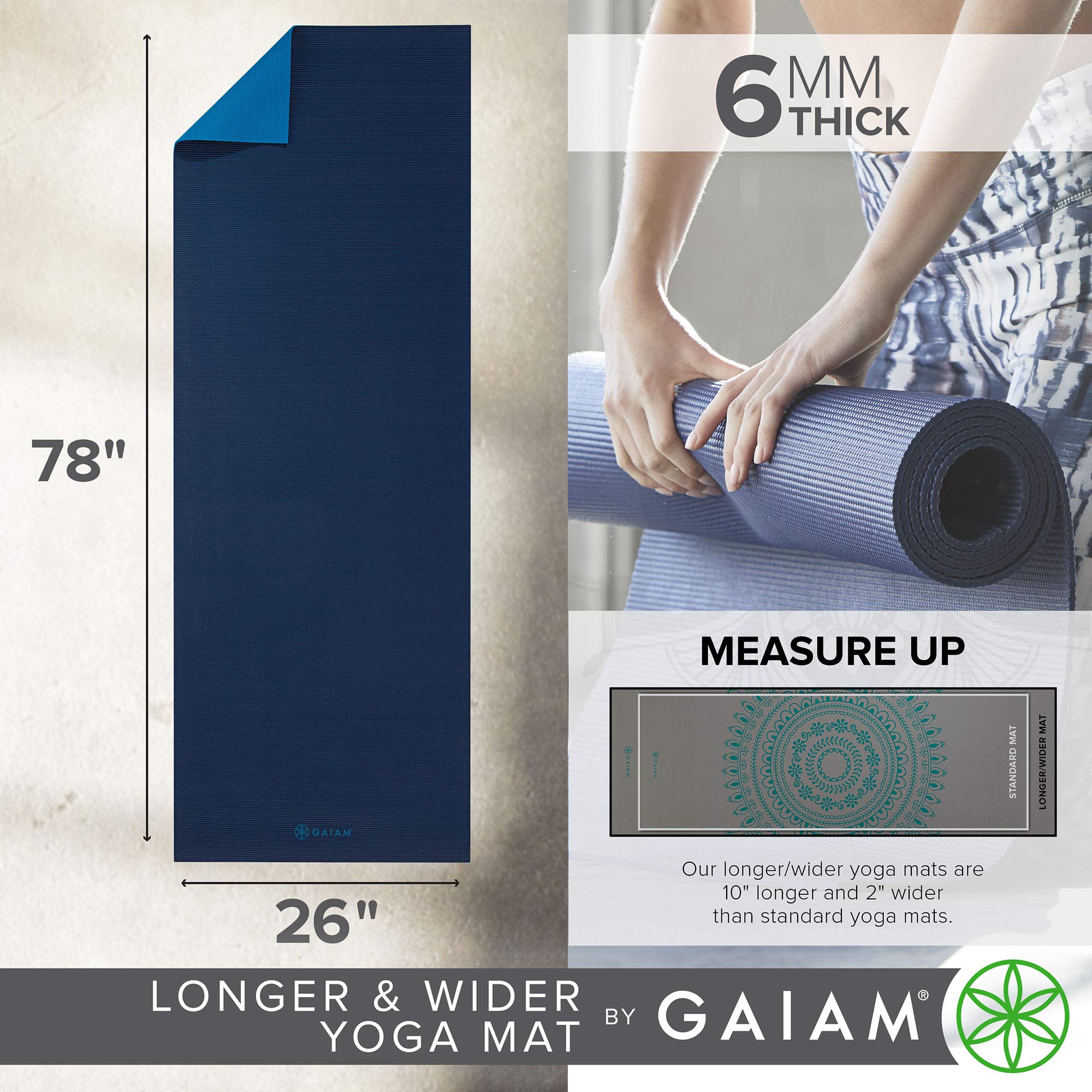 Gaiam Yoga Mat Premium Solid Color Reversible Non Slip Exercise & Fitness Mat for All Types of Yoga, Pilates & Floor Workouts, Navy/Blue, 6mm (Longer/Wider) - Image 3